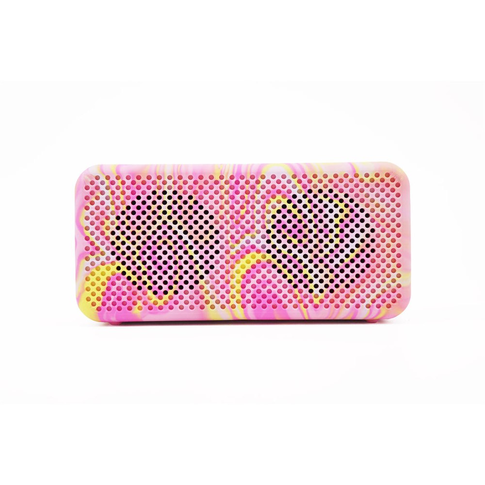 Front of pink and yellow marbled recycled-doll speaker