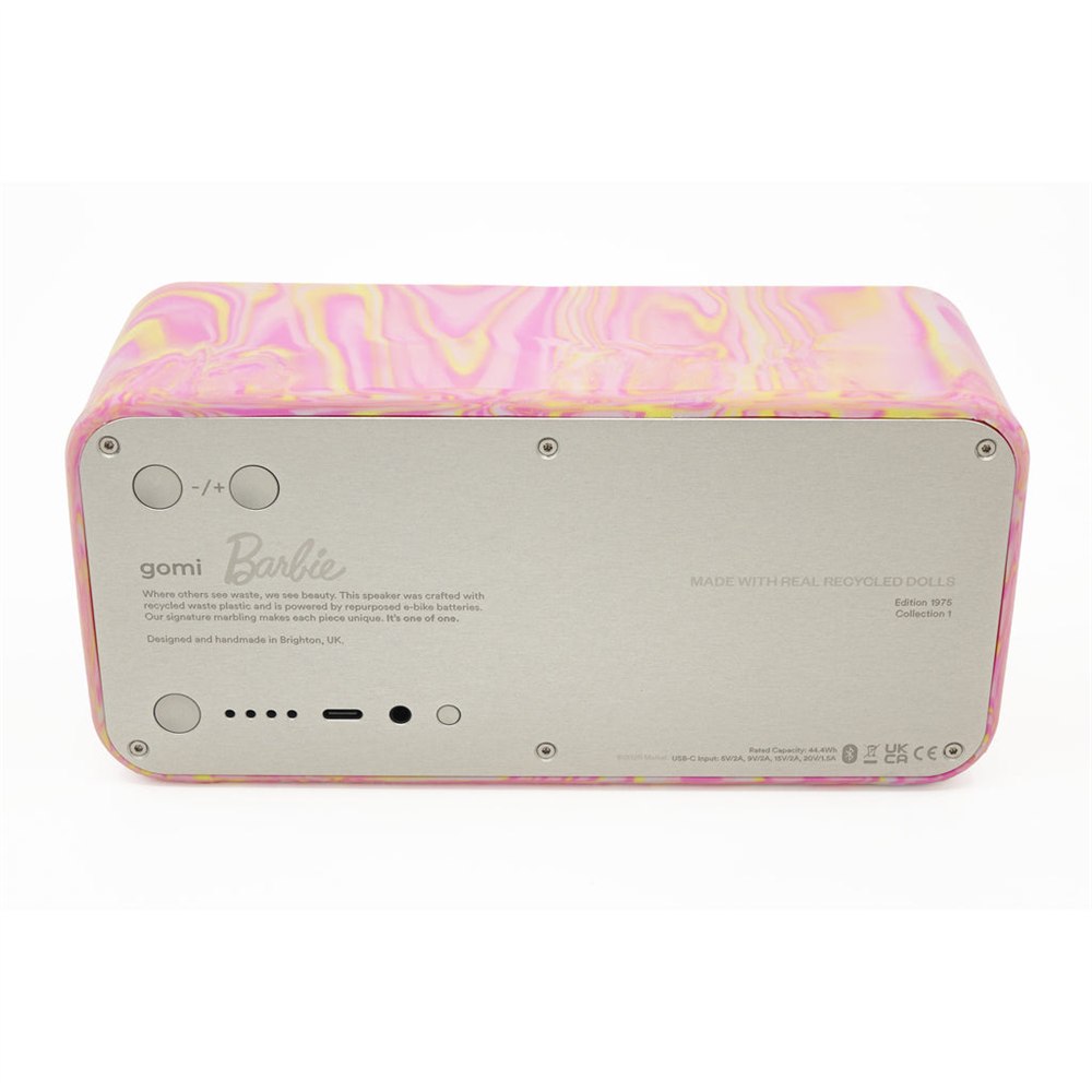 Full aluminum rear panel of a Barbie x gomi speaker