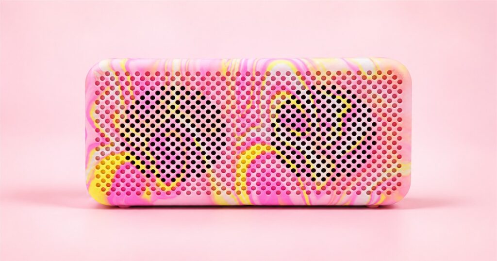 Pink and yellow recycled-plastic Bluetooth speaker against a pale pink background