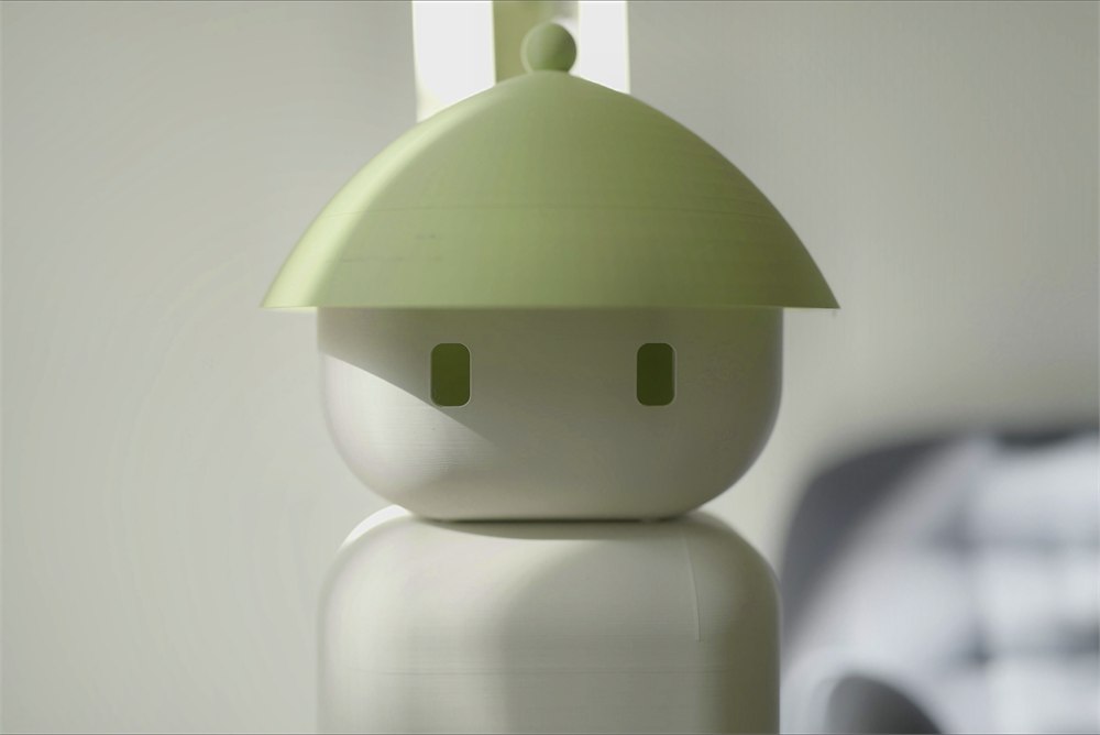 Flourish 1 face with two dark eyes and pale green domed cap