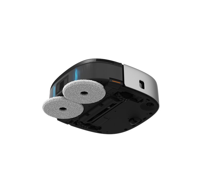 Underside of vacuum and mop module with twin circular pads