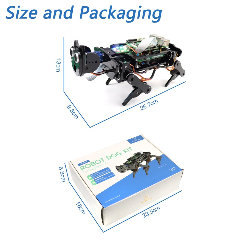 Manufacturer robot dog size illustration and kit packaging