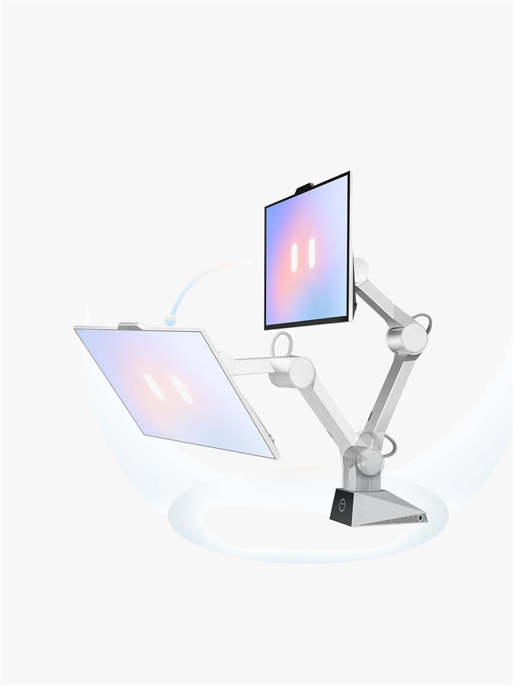CyboPal articulated monitor arm shown in two positions