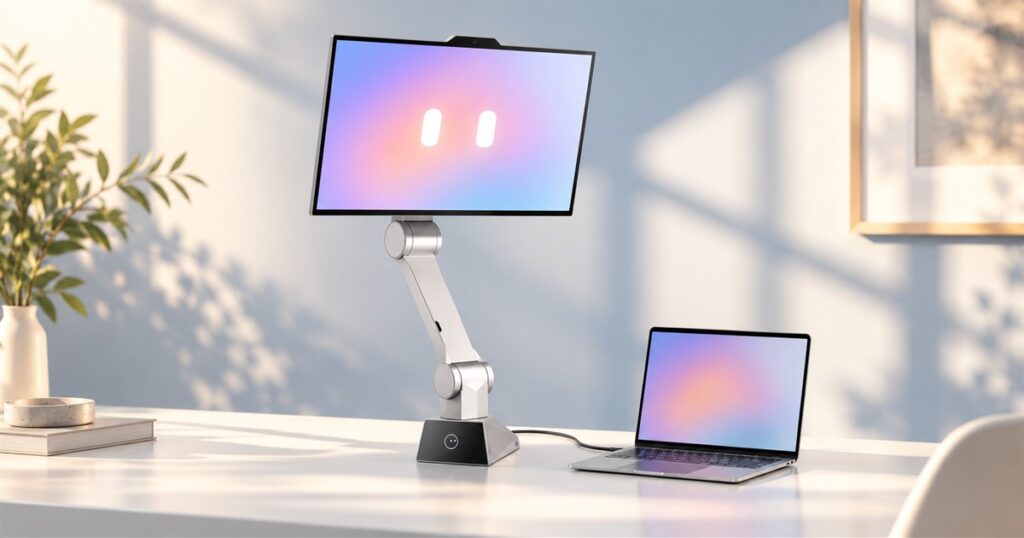 Editorial visualization of a silver robotic tracking monitor