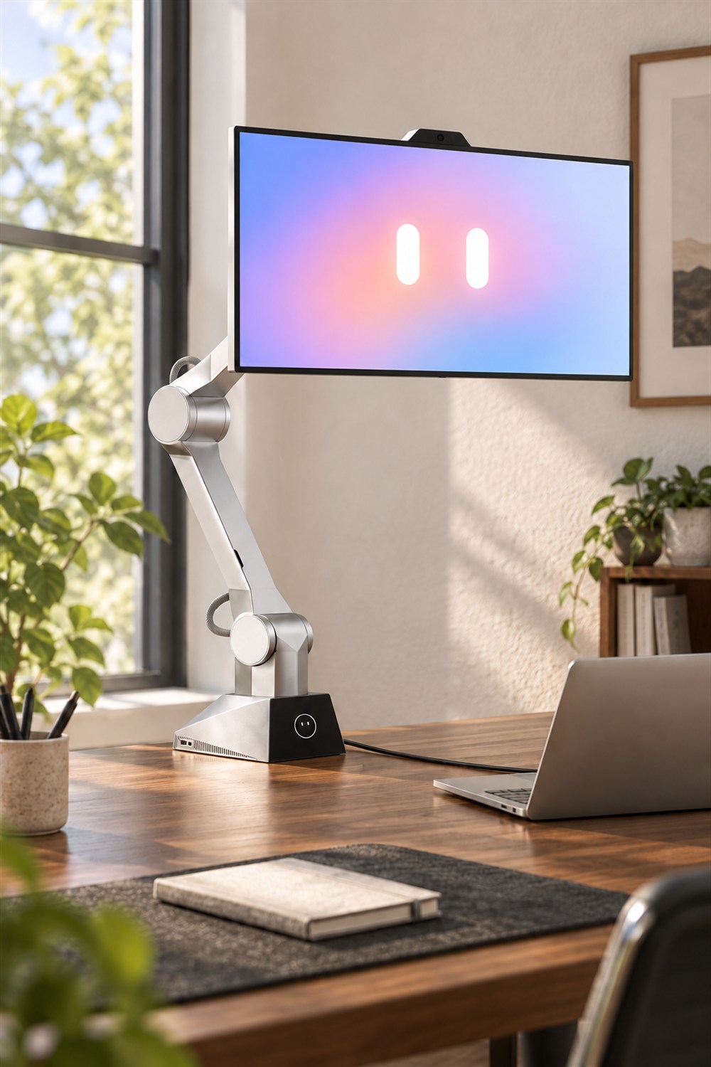 Silver CyboPal robotic monitor with an articulated arm and pastel face display above a walnut desk beside a connected laptop.