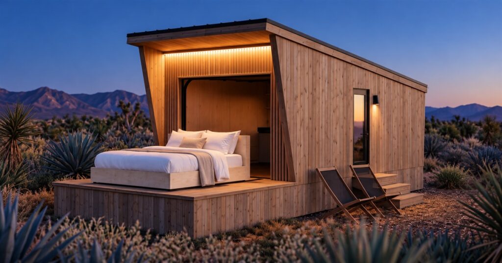 Atlas tiny house with bed on deck â€” generated product illustration