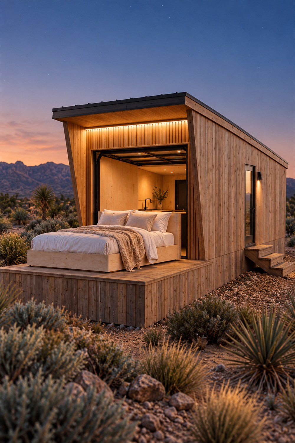 Atlas tiny house with a pale wood bed platform rolled onto its deck beneath an open glass garage door at dusk; AI-generated lifestyle visualization.