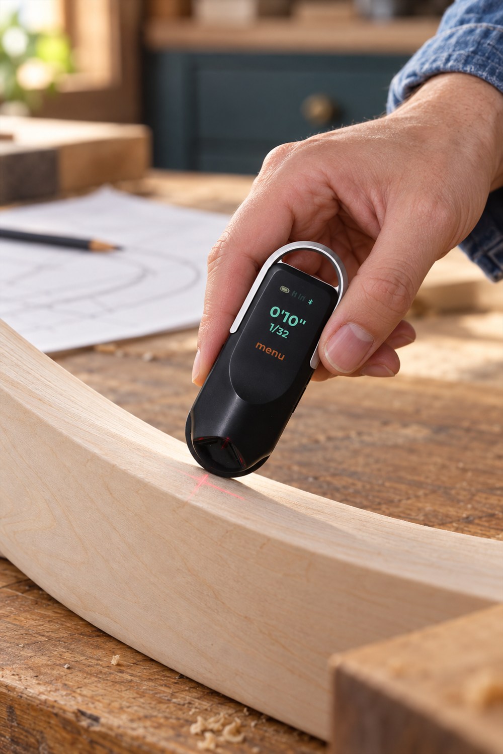 Hand guiding a black digital rolling ruler with a silver loop along a curved wooden edge on a workshop bench.