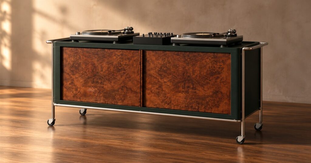 Burl wood and green leather rolling DJ console with turntables