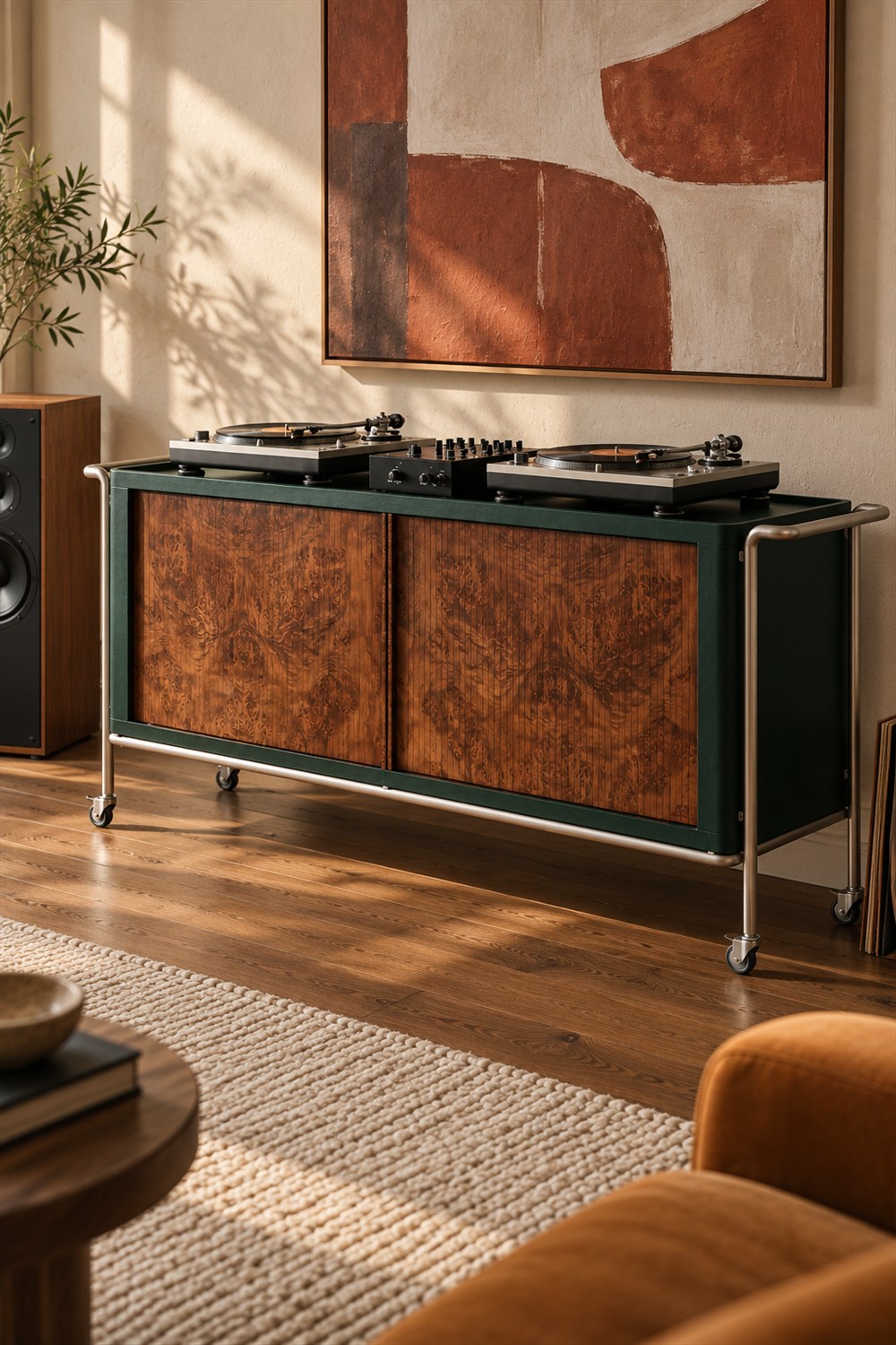 AI-generated lifestyle view of the Lam-Louie DJ console with closed burl wood doors, green leather panels, steel handles and caster wheels, supporting two turntables and a mixer in a sunlit listening room.