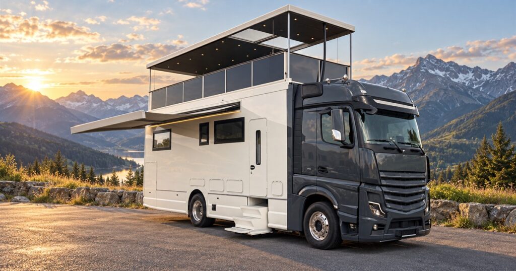 Luxury motorhome with raised rooftop terrace at a mountain viewpoint