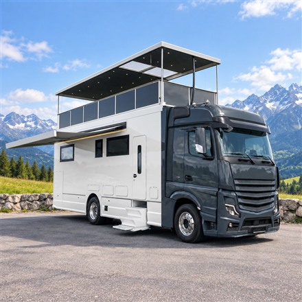 This Luxury Motorhome Adds a Rooftop Terrace Above Its Living Room