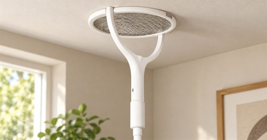 White rotating-head electric fly swatter angled toward a ceiling