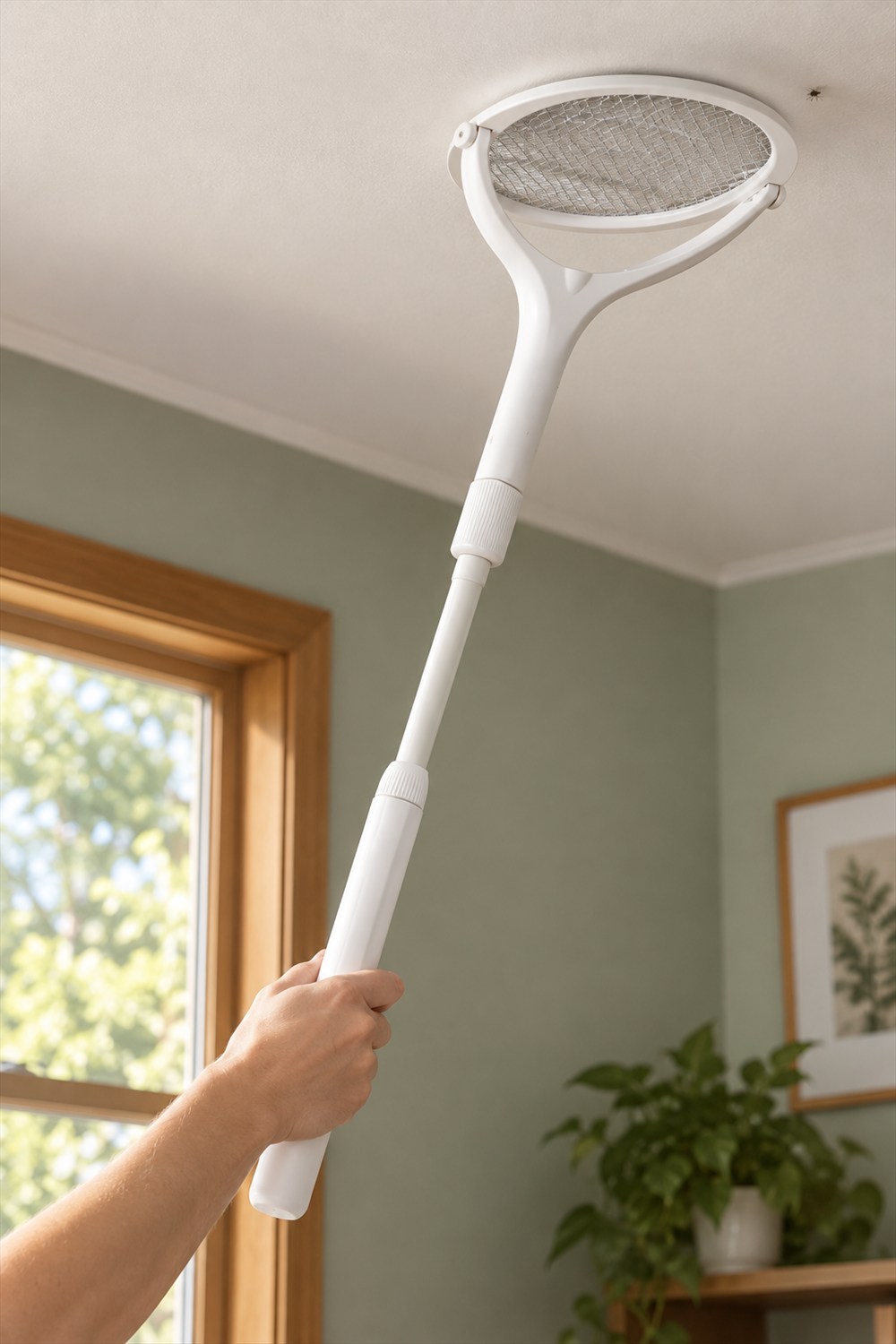 Hand holding a white electric fly swatter on a telescoping pole with its oval mesh head tilted toward a ceiling.