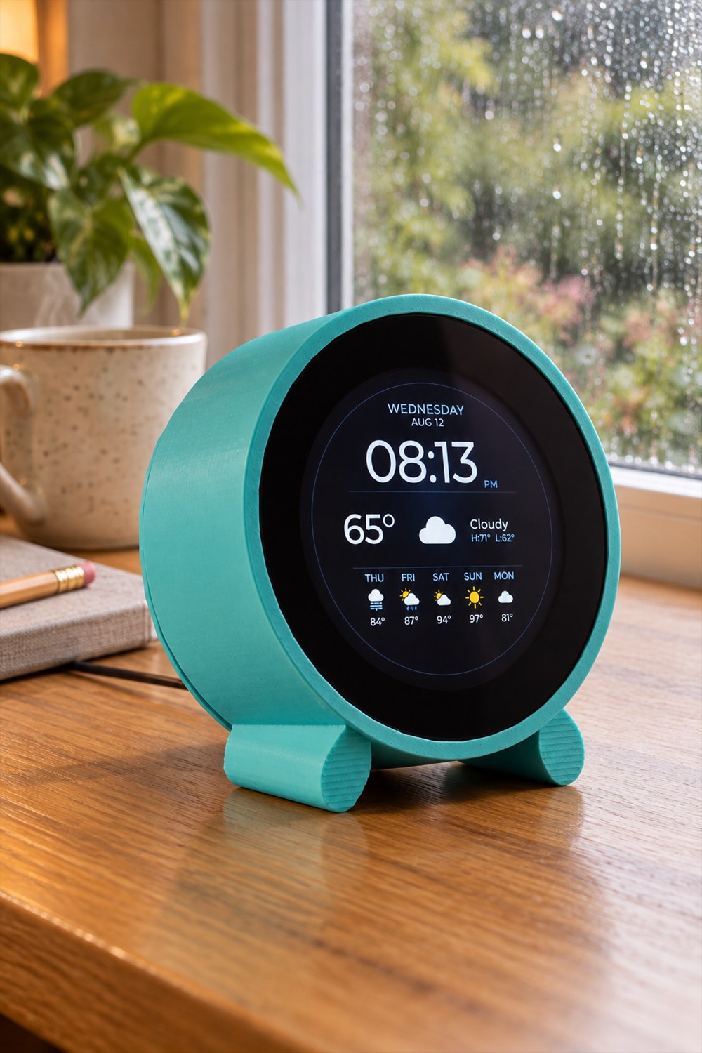 A teal round weather clock on two small feet displays the time, temperature and five-day forecast on an oak desk beside a rain-speckled window.