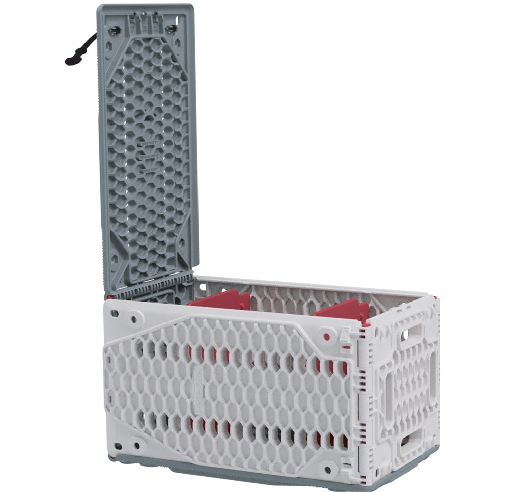 Open traction crate showing its removable red dividers