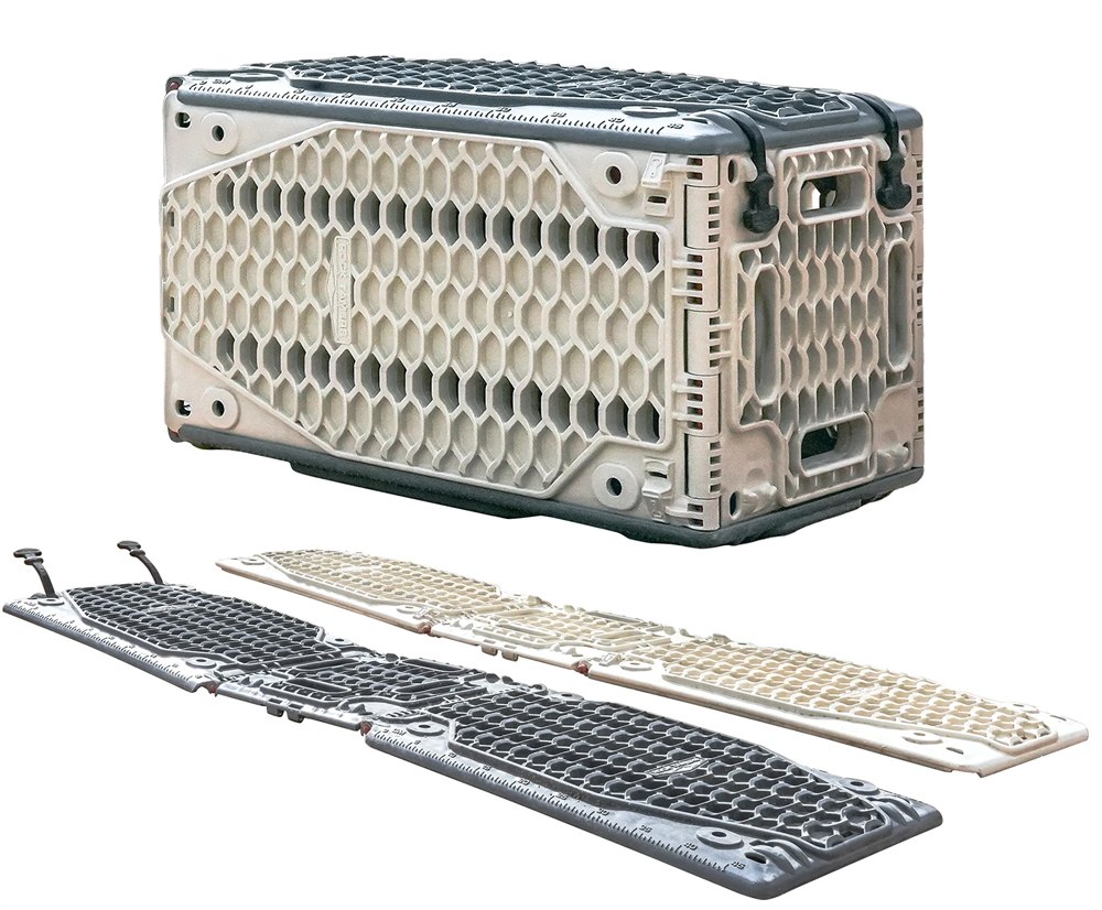 Rock Tamers crate shown assembled and unfolded into two boards