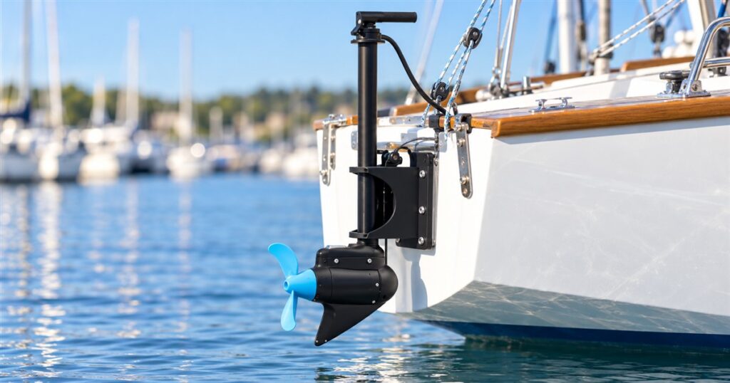 Lifted electric sailboat motor above marina water