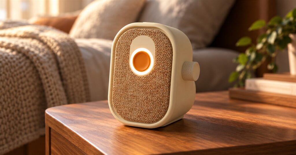 Screen-free AI companion on a wooden side table