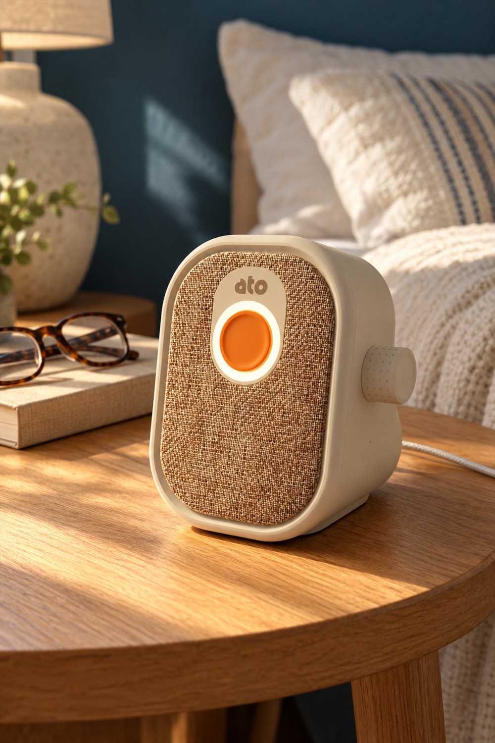 AI-generated lifestyle visualization of the preorder Ato companion with a cream shell, woven front, illuminated orange button, side volume knob and power cable on an oak bedside table beside reading glasses.