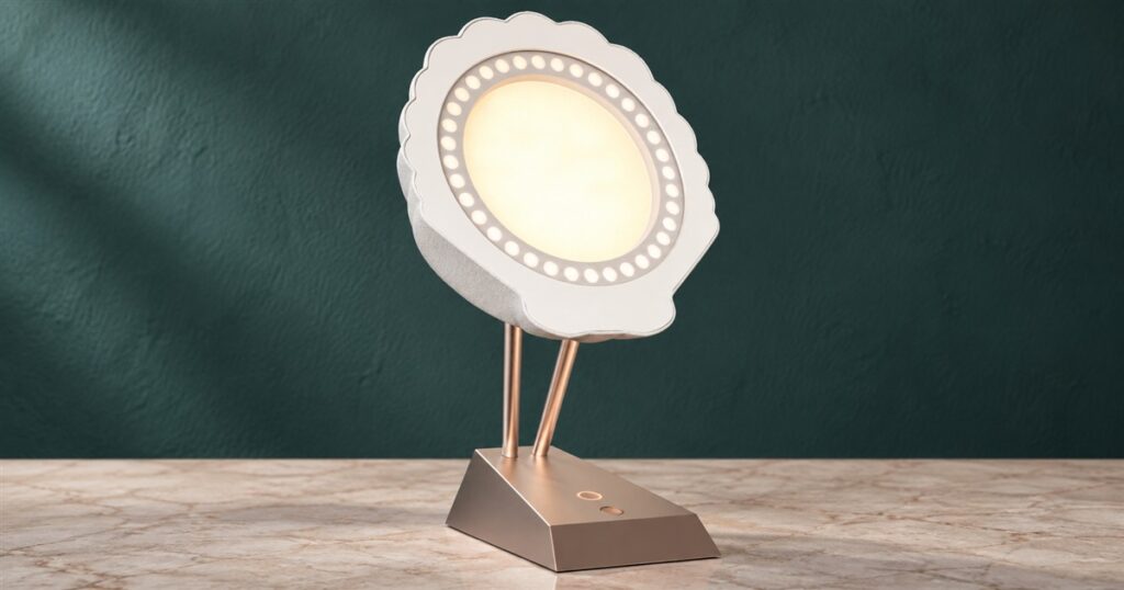 Seashell-shaped table lamp with illuminated center and rose-gold base