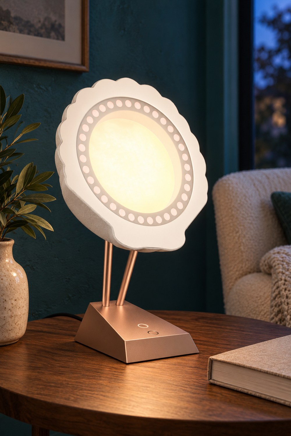Warmly glowing white seashell table lamp on two rose-gold supports and a wedge base on a walnut table beside a cream chair.