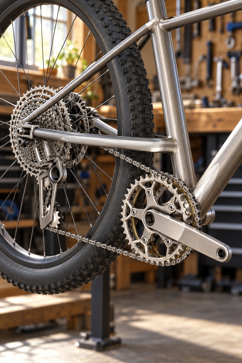Orient prototype bicycle crankset with paired front chainrings, silver crank arm, rear cassette, and elevated titanium chainstay in a workshop; AI-generated lifestyle visualization.