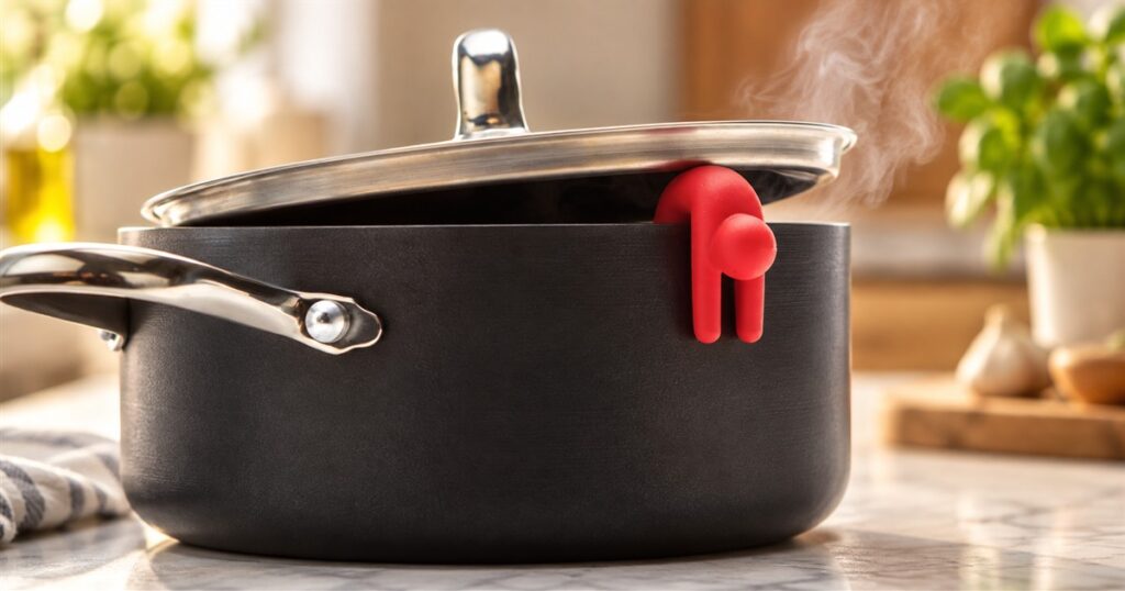 Red silicone Lid Sid figure holding a saucepan lid slightly open