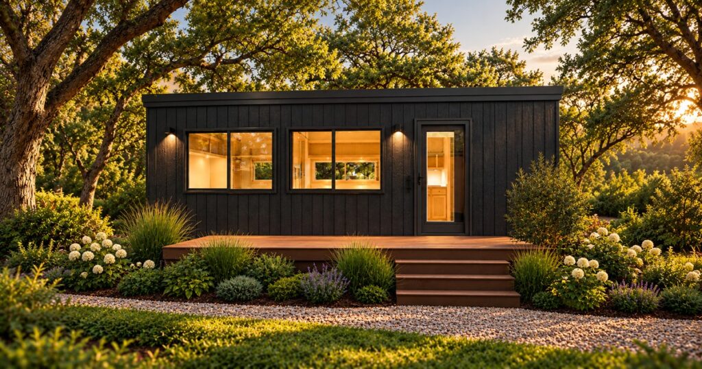 Black tiny house with broad windows and a glazed entry door