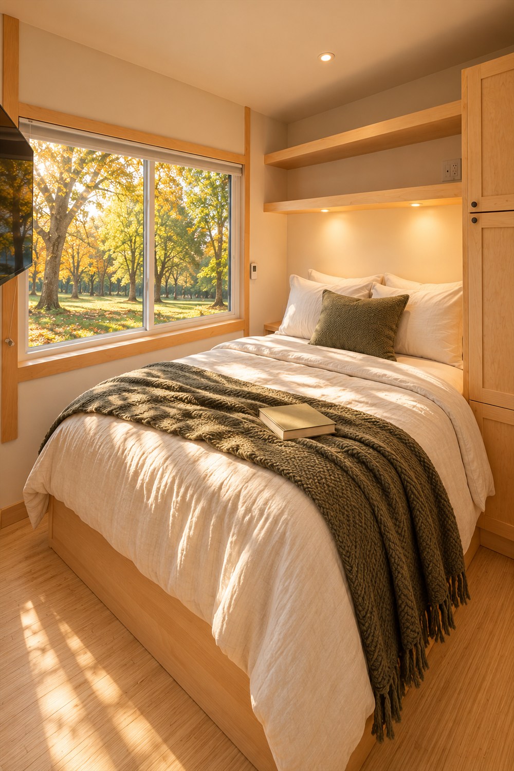 AI-generated lifestyle view of the eVista XL tiny house bedroom with a floor-level queen bed, maple shelving and cabinet, ivory bedding, olive throw, and a large window overlooking autumn trees.