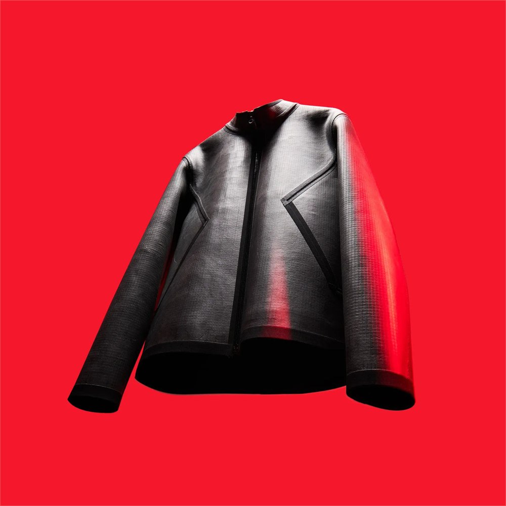 Low-angle view of the cropped slate jacket against red
