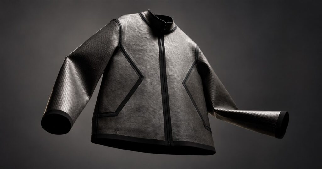Slate tile jacket with black taped seams against a gray studio background