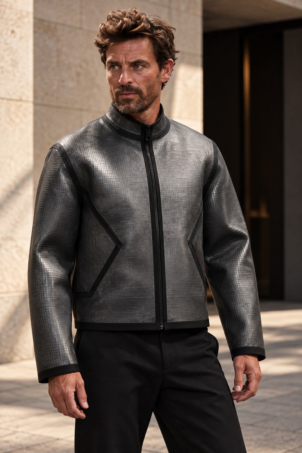 Man wearing a charcoal slate-tile jacket with black taped seams and a front zipper in a sunlit stone courtyard.