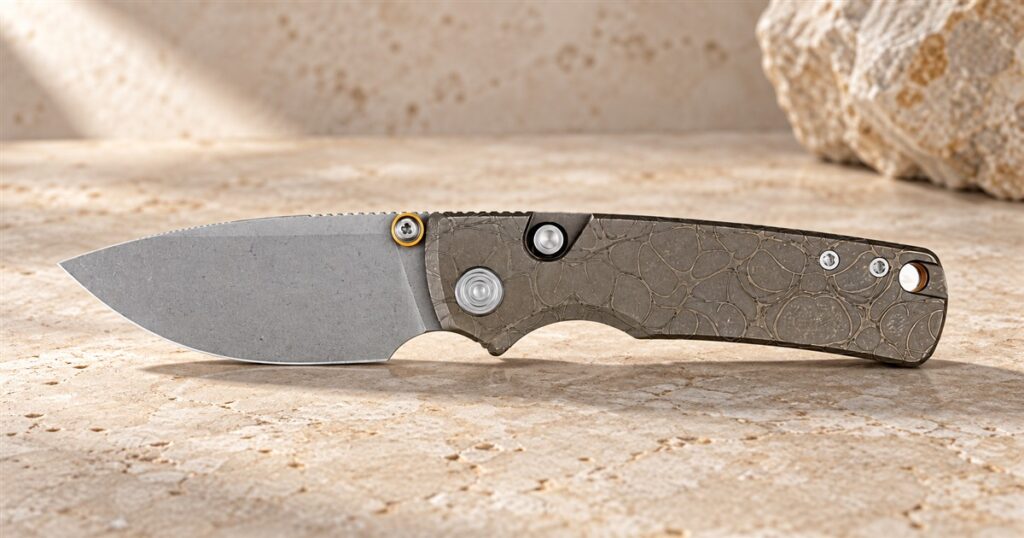 Patterned titanium pocket knife open on a pale stone surface
