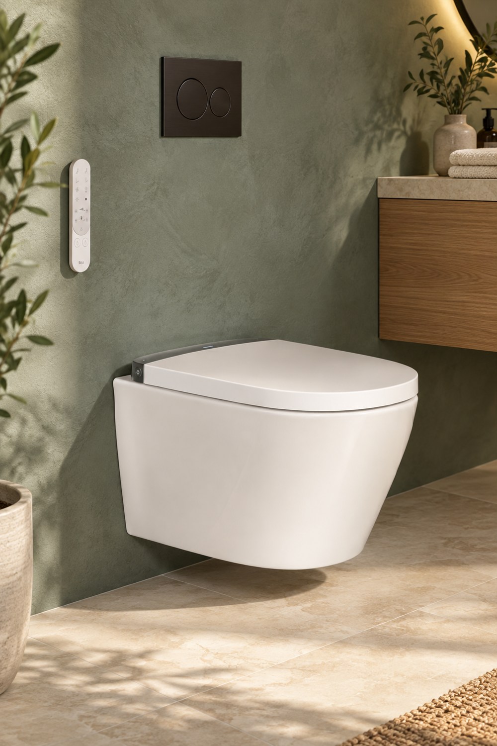 White wall-hung Roca Vorea toilet with a closed lid and metallic rear trim against a sage bathroom wall above a limestone floor.