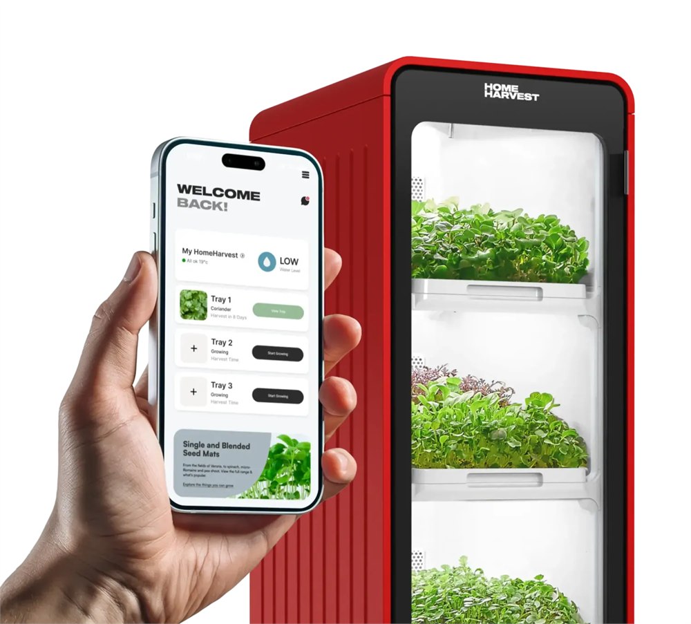 Home Harvest camera and app monitoring with a three-tray cabinet