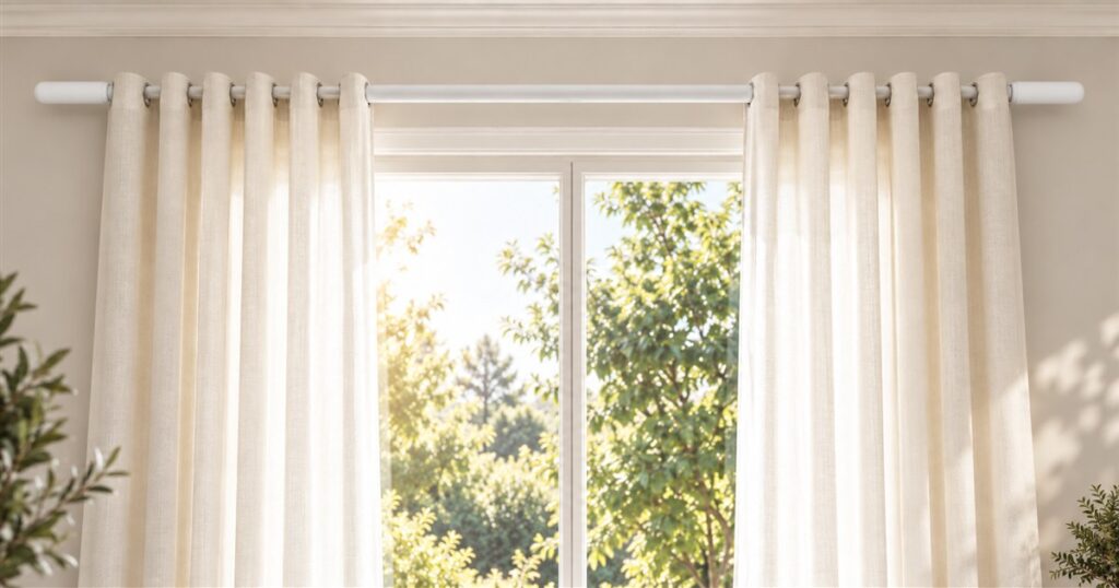White smart curtain rod above parted cream curtains