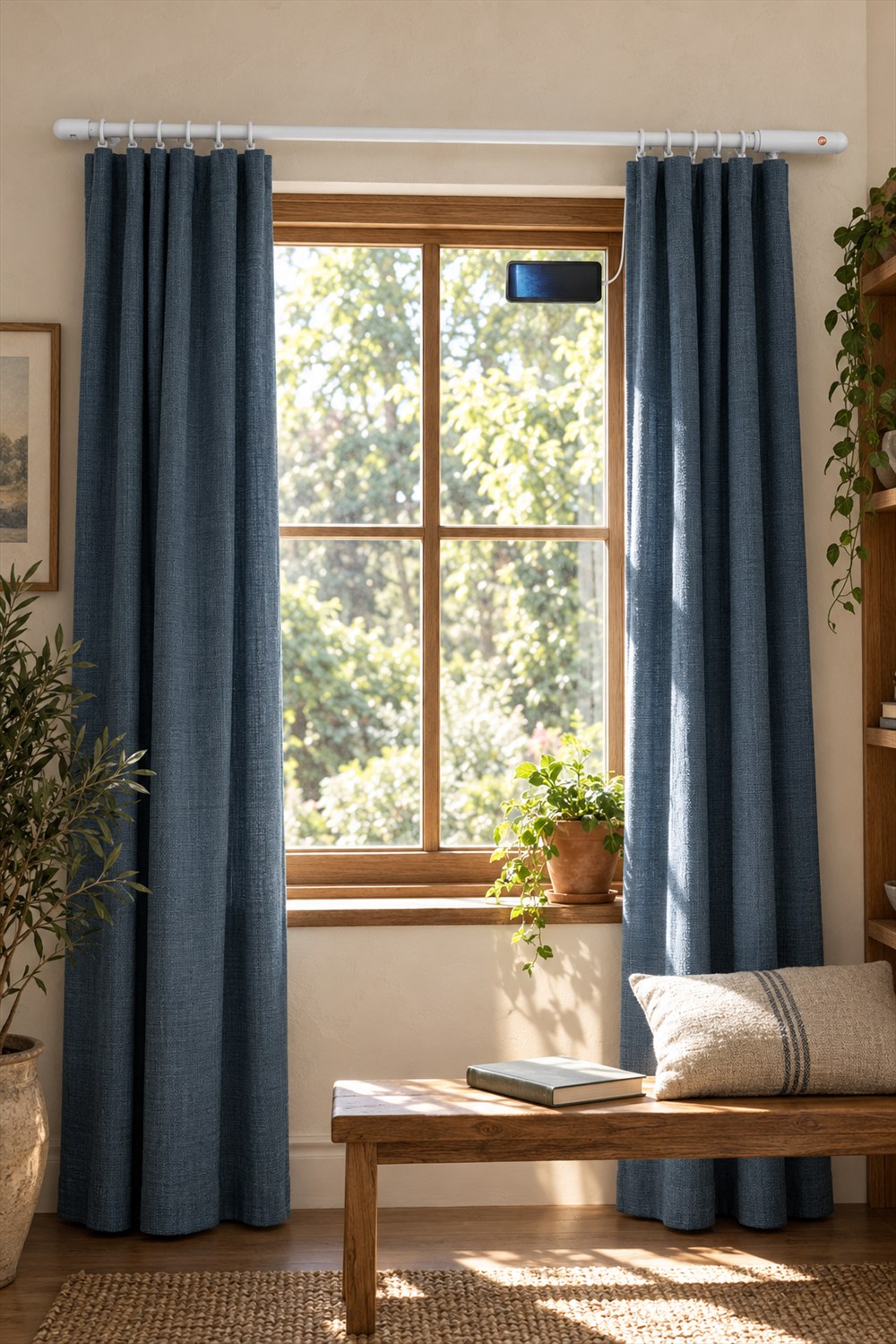 White Remac smart curtain rod holding blue ring-top curtains beside an optional window-mounted solar module in a sunlit reading nook.