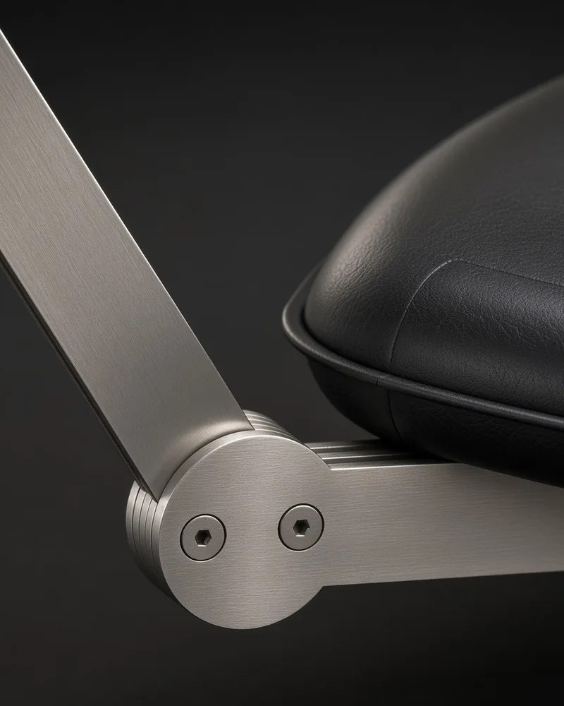 Brushed stainless steel joint with countersunk hex fasteners beside the leather seat