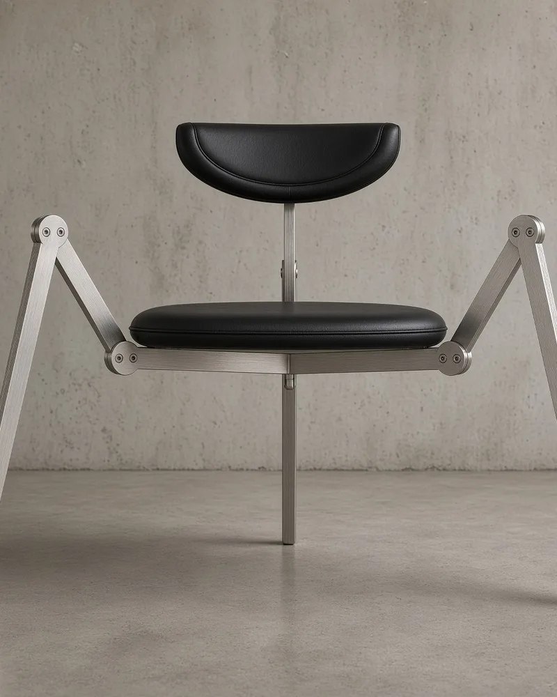Front view of the three-legged Spider chair and its separate leather backrest