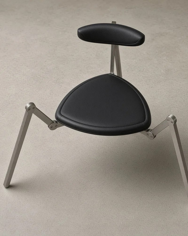Overhead view of the rounded triangular black leather Spider chair seat