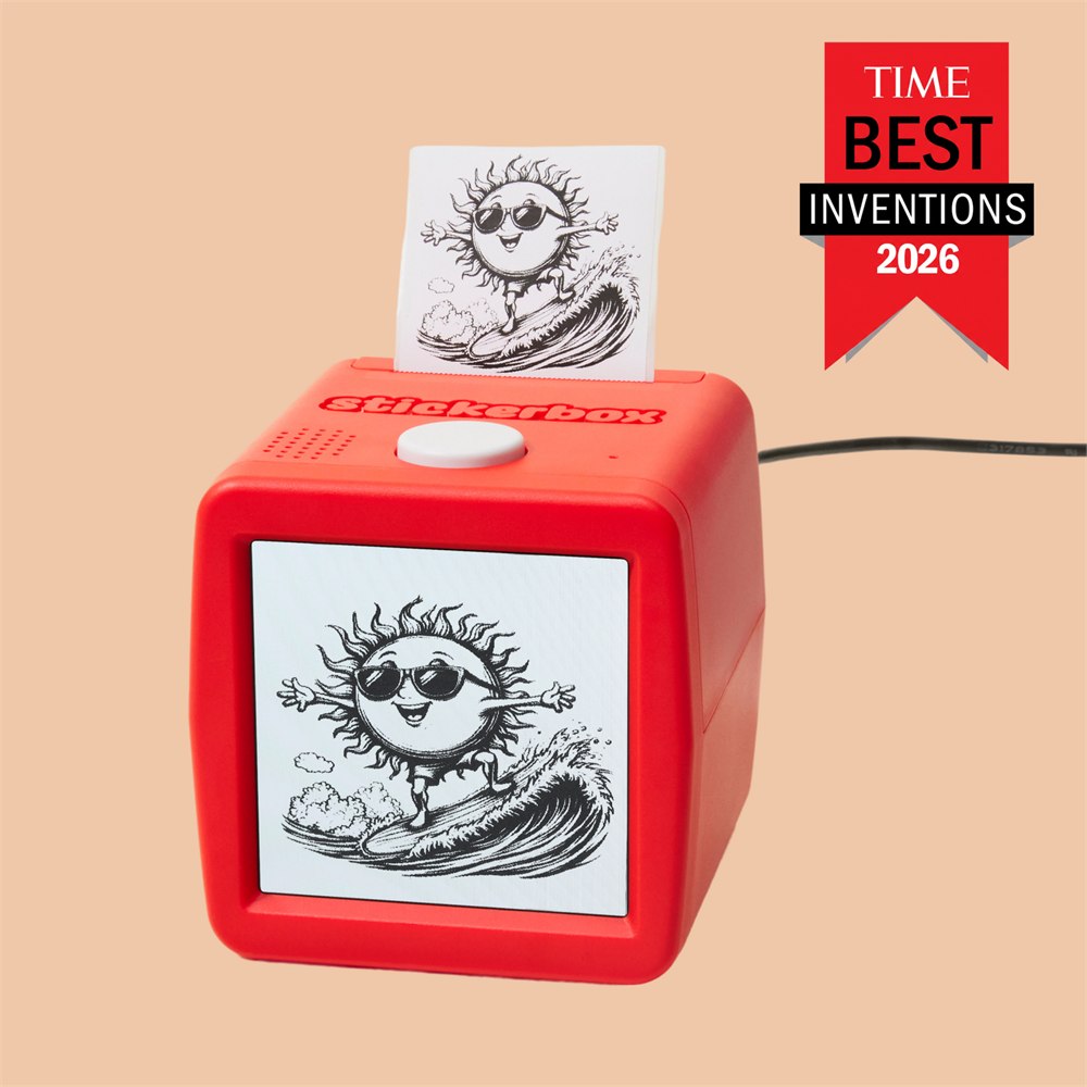 Red Stickerbox printing a surfing sun illustration