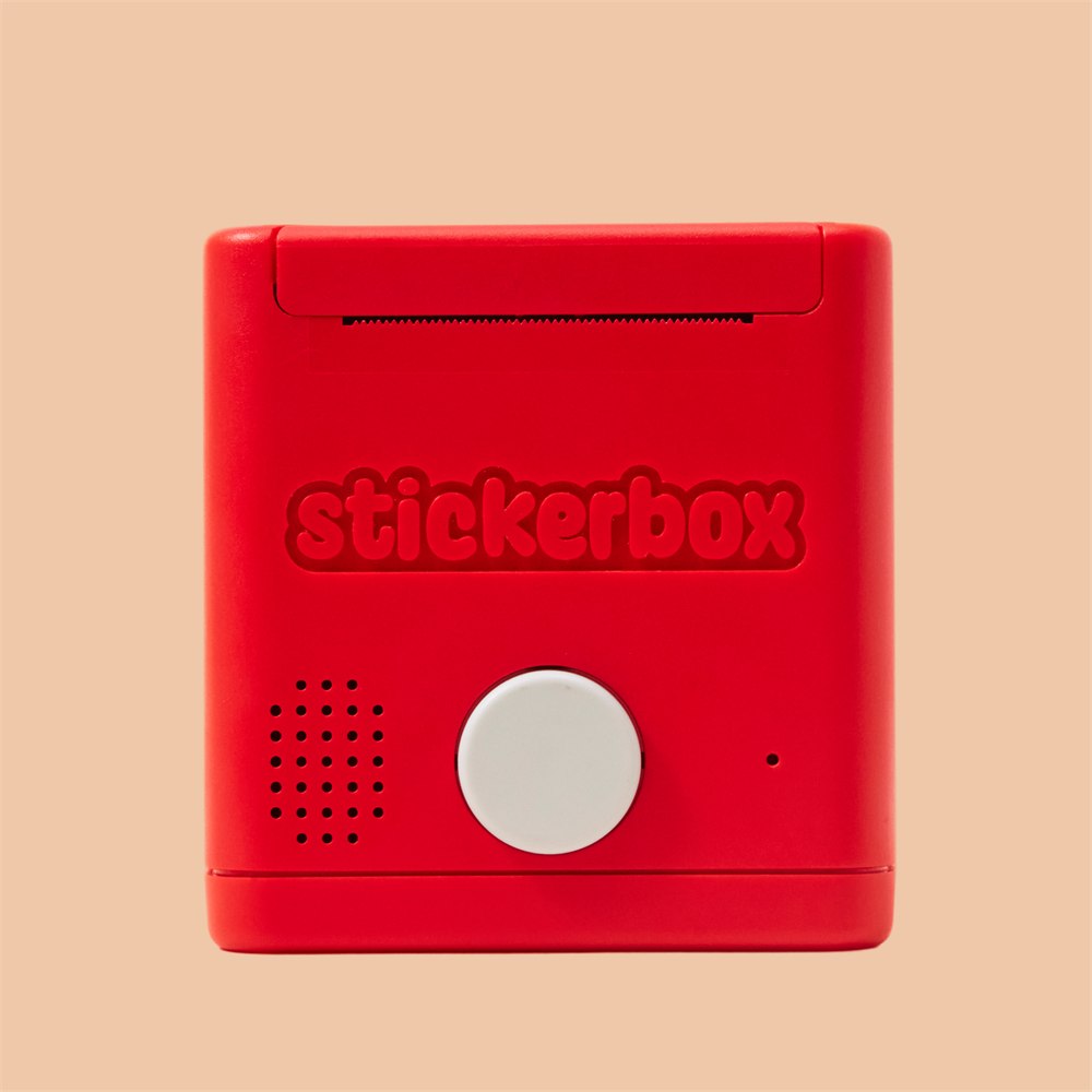Top view of the red printer with its white talk button