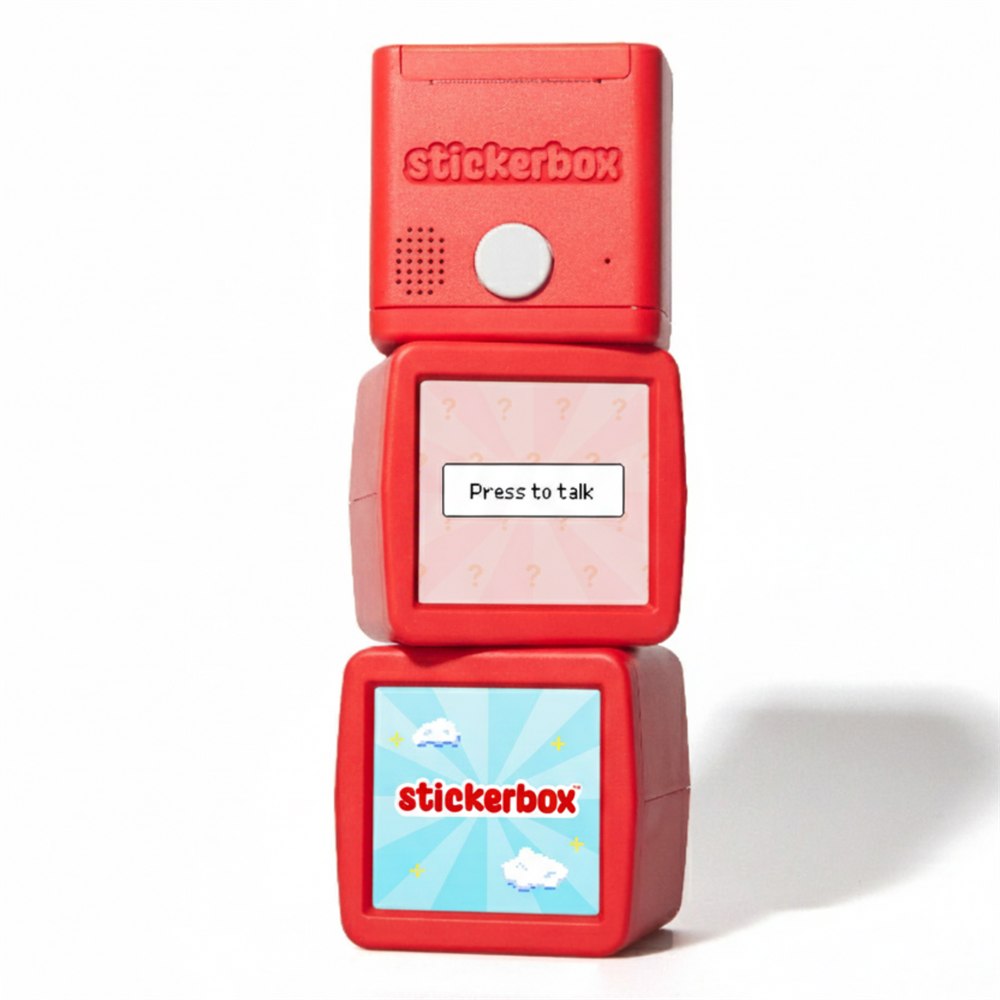 Three red Stickerbox units showing different sides
