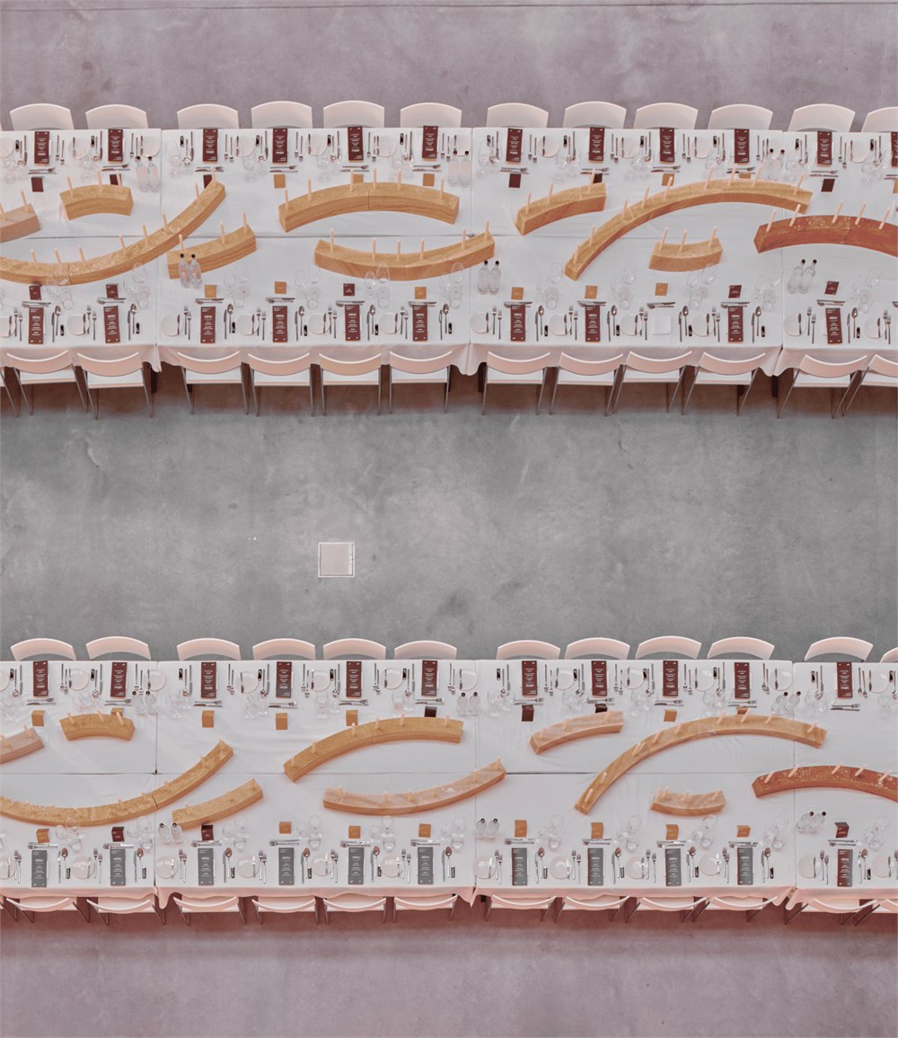 Overhead view of the original multi-piece banquet installation