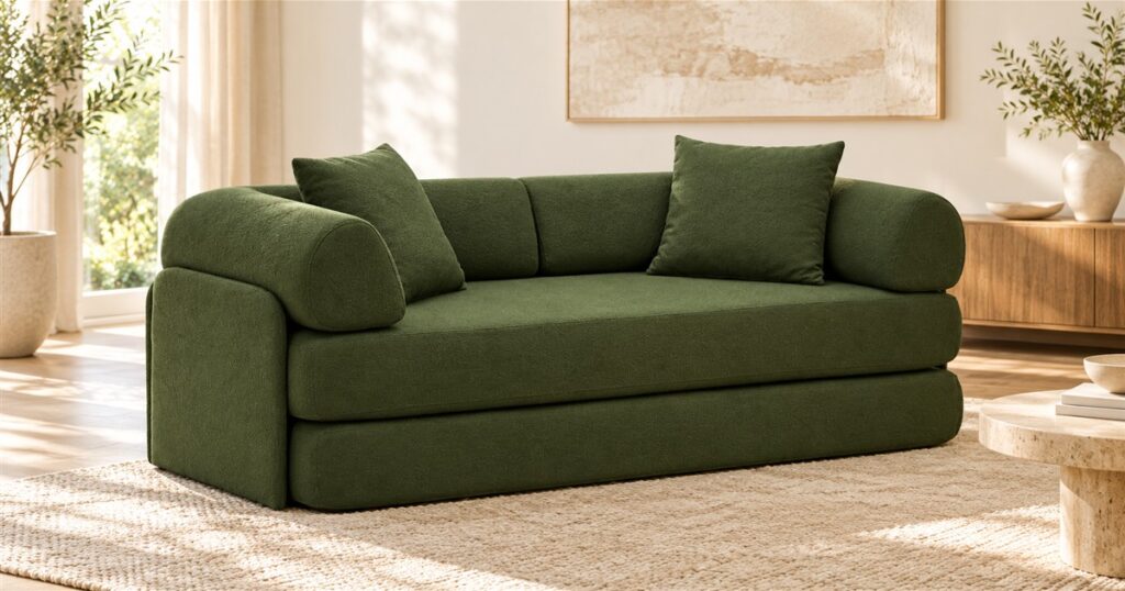 Forest green modular sofa bed with rounded arms and textured upholstery