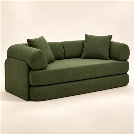 Forest green modular sofa bed with rounded arms and textured upholstery