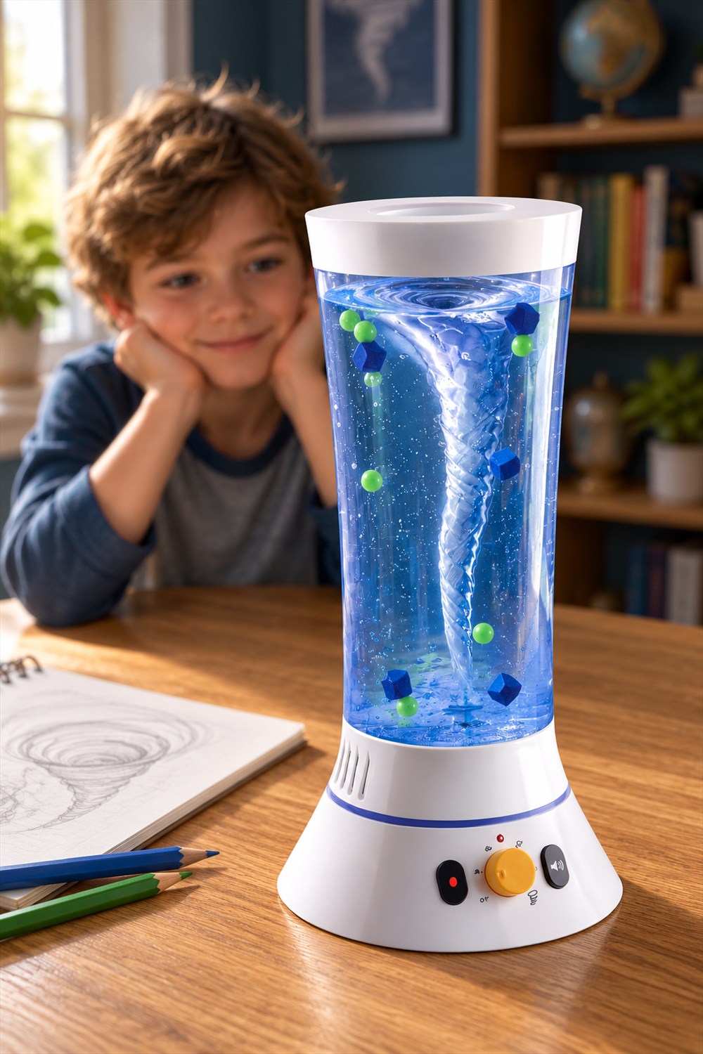 A child watches a water vortex and colored debris inside a white tabletop Tornado Lab with a yellow control dial on a wooden table.