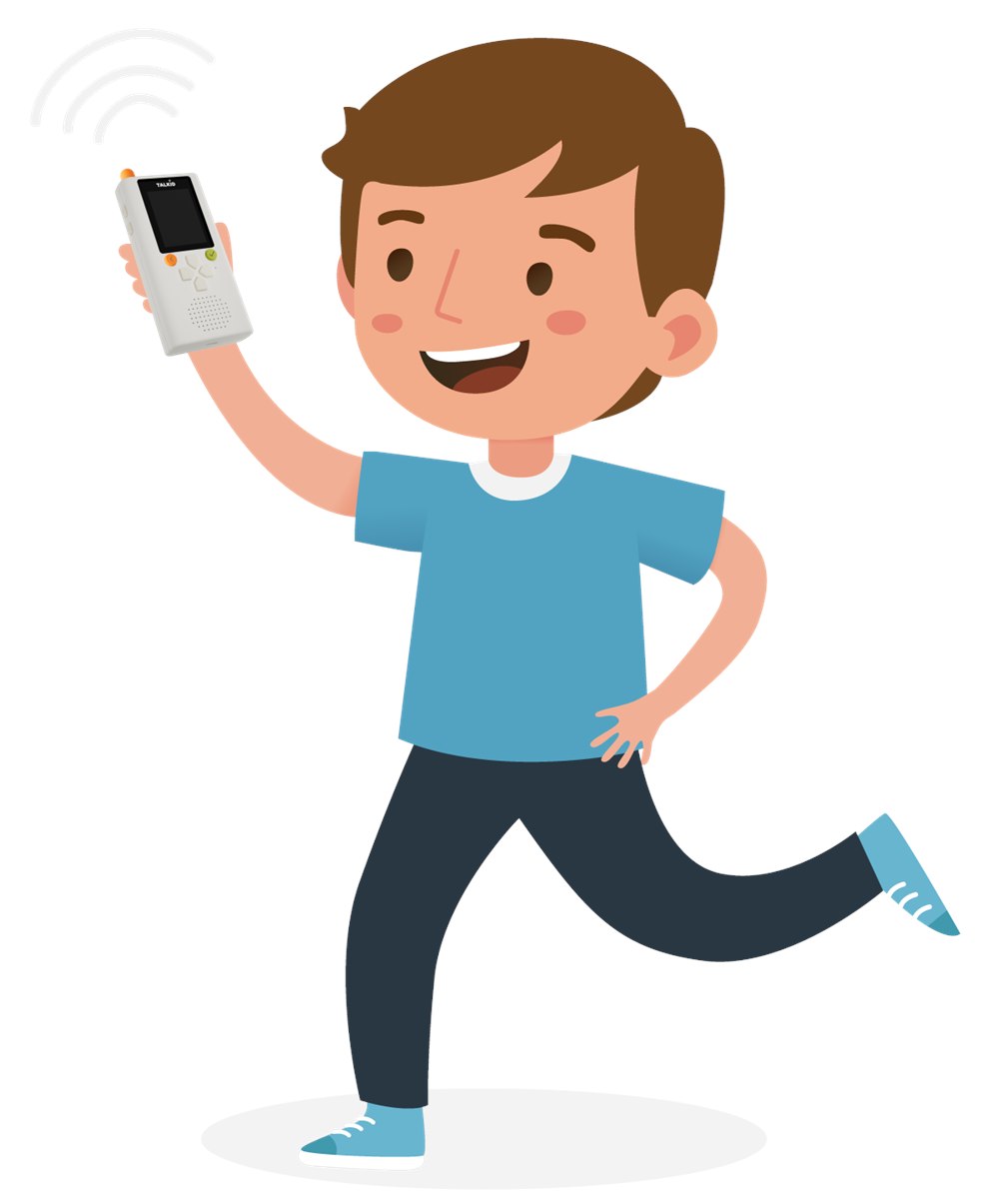 Official illustration of a child holding a Talkid communicator