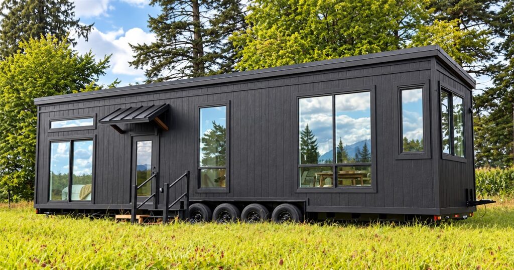 Mint Ventura park model tiny house with tall windows and black siding